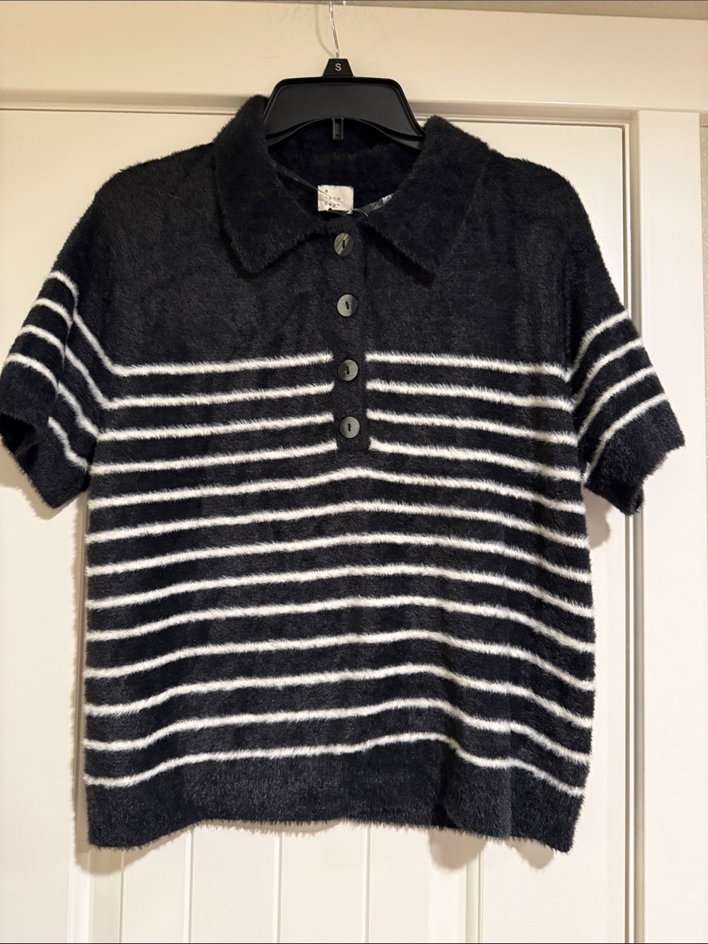 Black & White Striped Fuzzy Polo Top - Picture 1 of 7